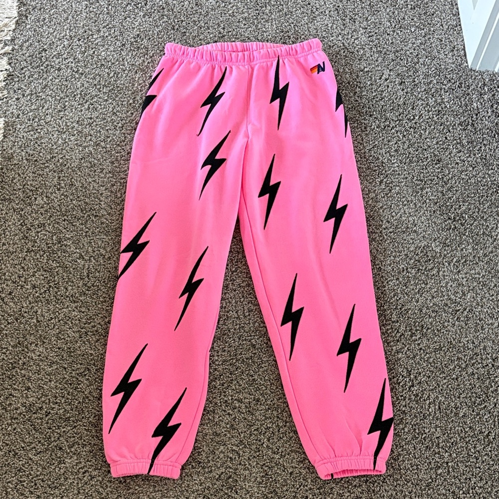 Aviator Nation Pink Lightning Bolt Track Pants Size L NWT